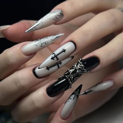 Europäische und Amerikanische Spice Girls 24 Nagelkunst Dunkel Süß Cool Stil Klassisch Französische Kreuzlinien Lange Spitze Trage-Nagelfolie