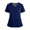 Women's Fashionable Solid Color V-neck Double Pocket Short Sleeved Shirt With Slit Hem Uniform And Worker Top