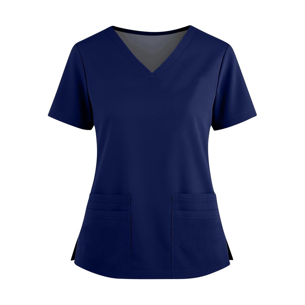 Women's Fashionable Solid Color V-neck Double Pocket Short Sleeved Shirt With Slit Hem Uniform And Worker Top