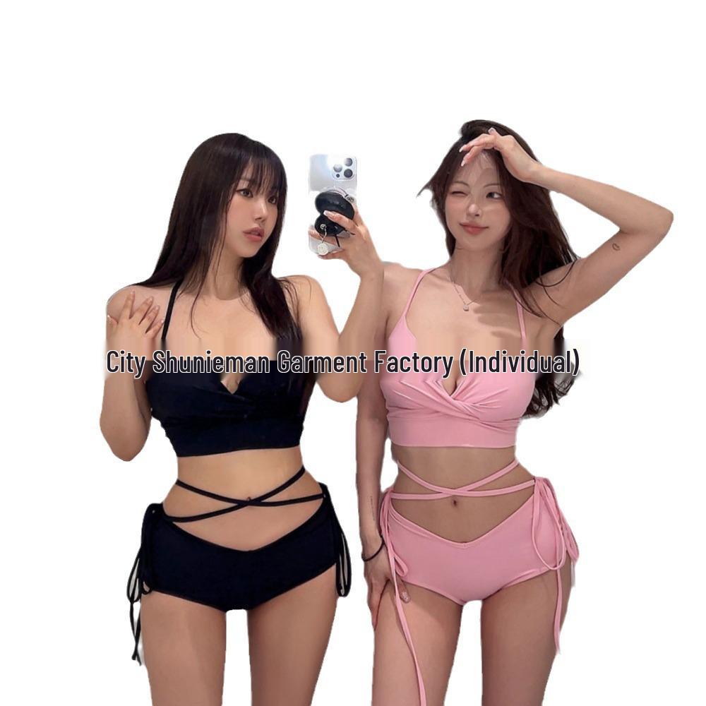 Women's High-End Ins Style Bikini: Sexy Solid Color Swimwear for Small Bust with Gathered Design, Perfect for Hot Springs