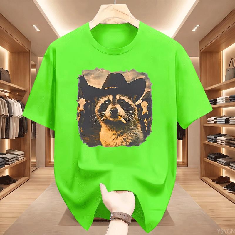 Funny Cowboy Raccoon Unisex Unisex Tshirt Animal Meme Graphic Tee Vintage Comfortable Short Sleeve Loose Tees Streetwear Tops
