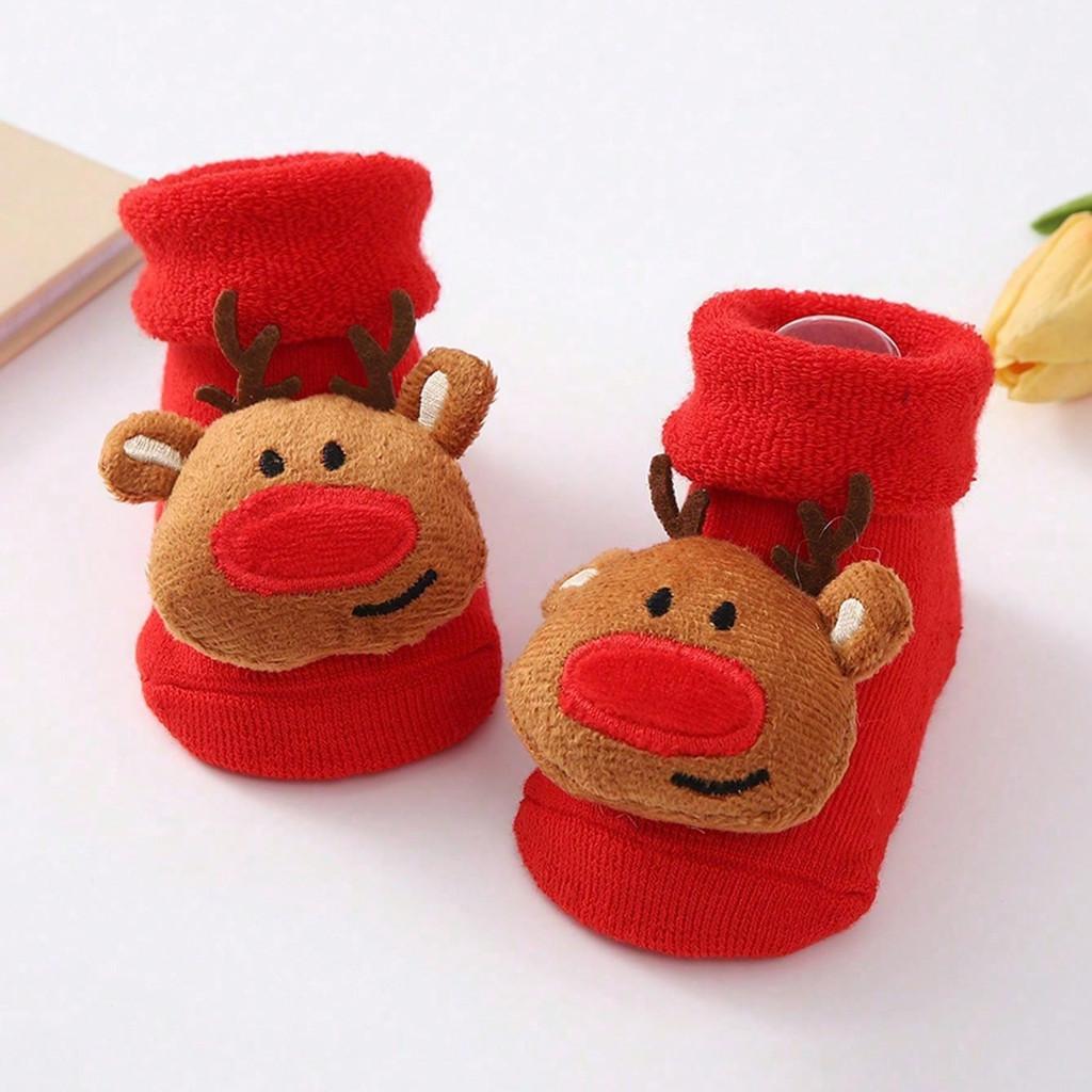 Baby Christmas Socks Santa Claus Snowman Reindeer Plush Knit Socks Non-Slip Crib Shoes for Infant Boys Girls First Xmas Outfits Toddler Gift
