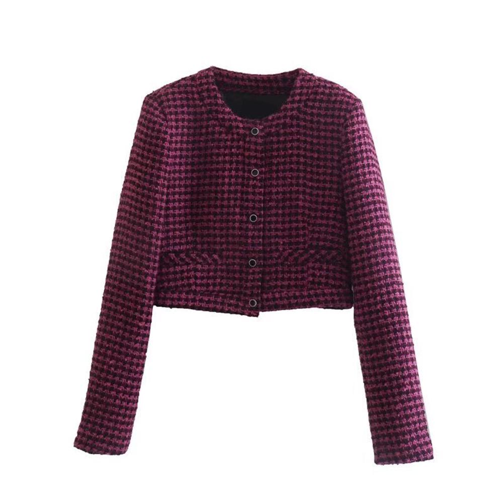 

2024 Women s Plaid Textured Short Coat: Autumn/Winter Fragrance Style with Round Neck Extra Small