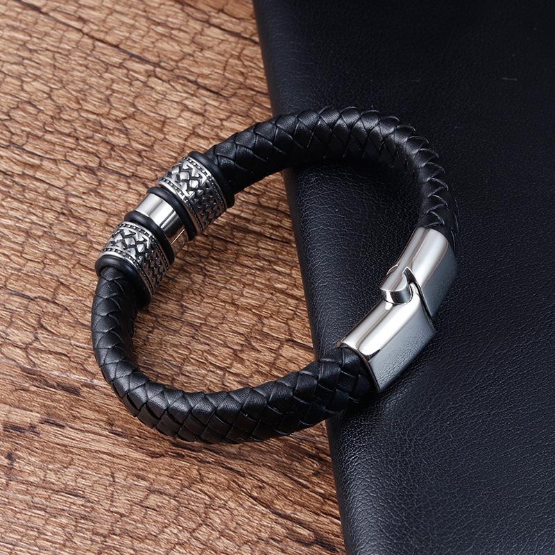 Custom Logo Engraving Genuine Leather Bracelet Stainless Steel Braided Men Magnetic Clasp Braided Leather Bracelet