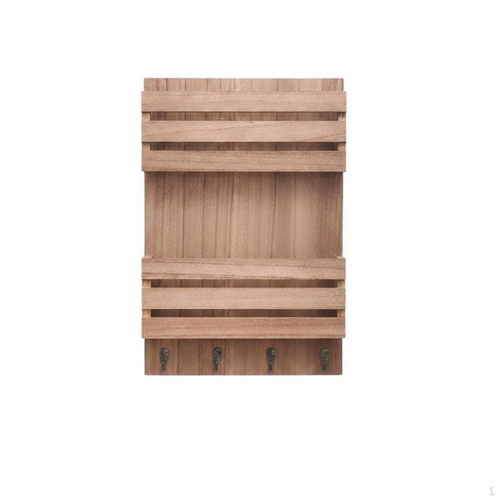 Wood Mail Organizer Double Layer Key Rack with Hooks Wooden Wall Holder for Entryway, Hallway,