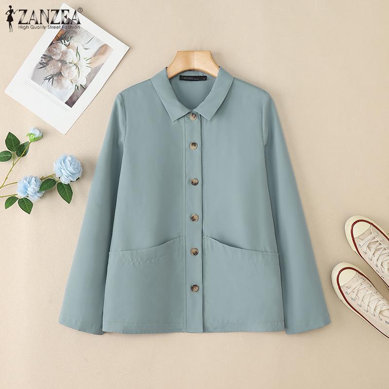 ZANZEA Women Casual Turn Down Collar Loose Long Sleeve Blouse