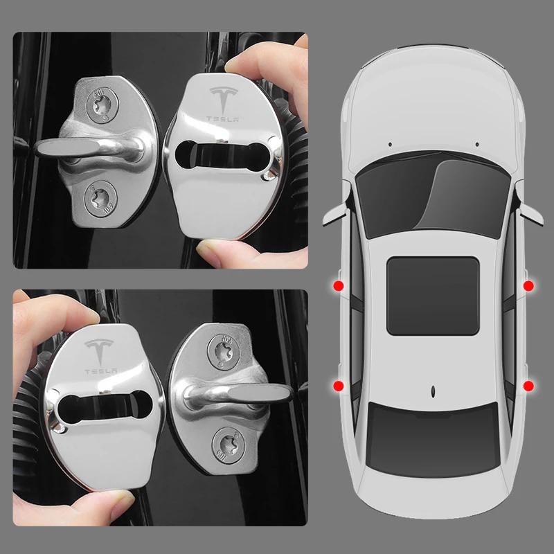 Car Sticker 2025 Hot 4 PCS/Set Fashion Stainless Steel Car Covers Door Lock Protecting Cover For Tesla model 3 model X Y Auto Ac