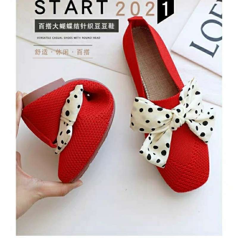 Single shoes female bow fairy wind one pedal flying woven beanie shoes soft sole breathable knitted shoes female summer