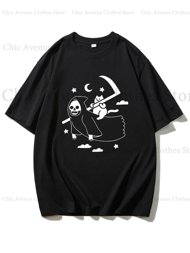 Funny Print REAPER LOVES CATS Cotton Tshirt for Halloween Short Sleeve Tee Summer Tops Women Unisex Tshirt Unisexs Tshirts