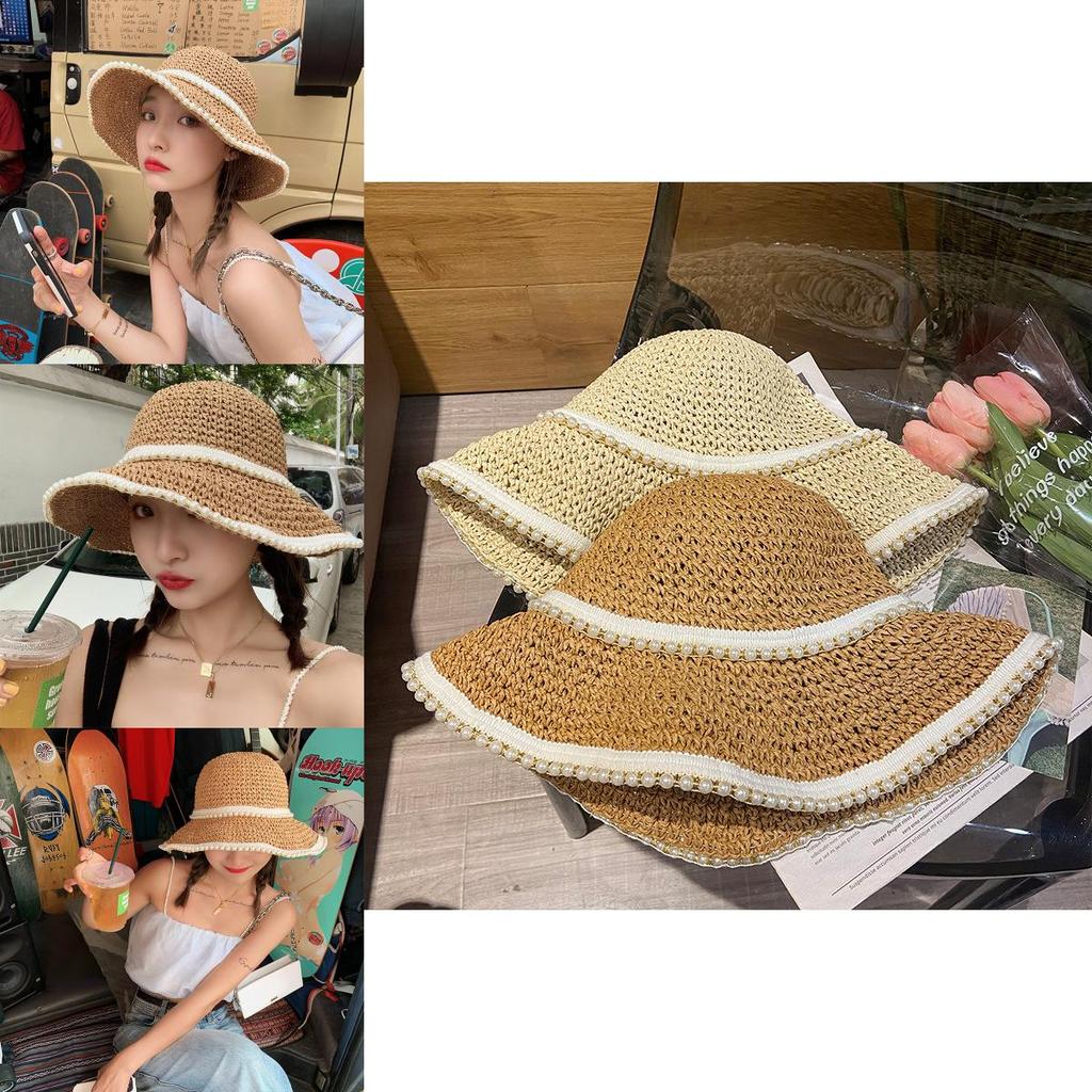 Pearl Crochet Straw Hat Summer Travel Sunshade Fisherman Hat Foldable Beach Vacation