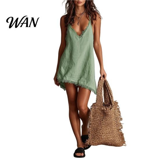 Party Dress Women Short Summer Fringed Deep V Neck Sleeveless Slip Elegant Casual Loose Boho Beach Spaghetti Strap Above Knee Mini