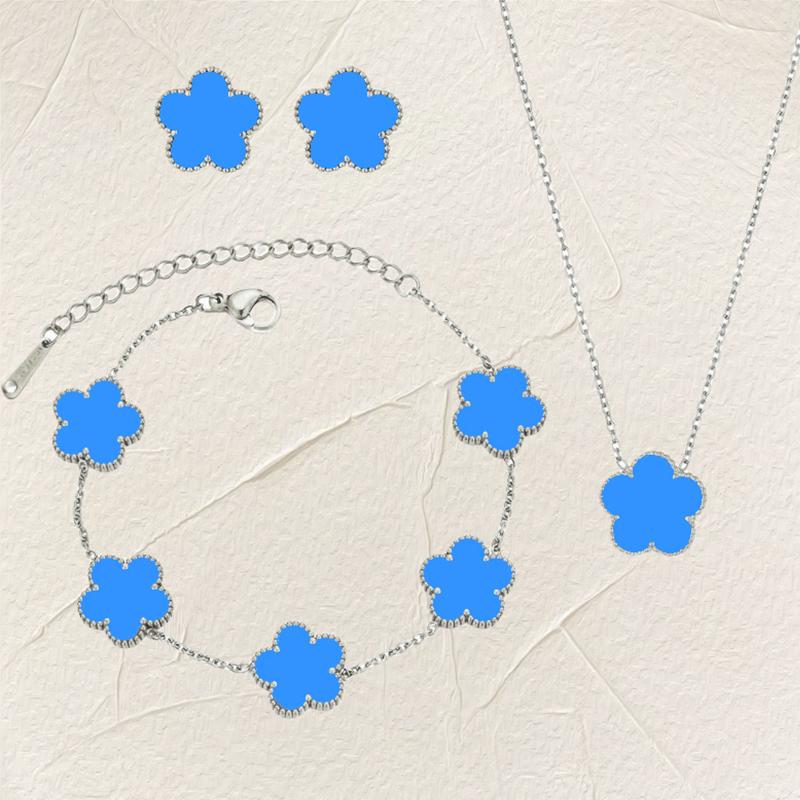 Luxury Zircon Set for Women copper Color Chain Stainless Steel Double Sided Five Leaf Flower Necklace Earrings Bracelet Clover
