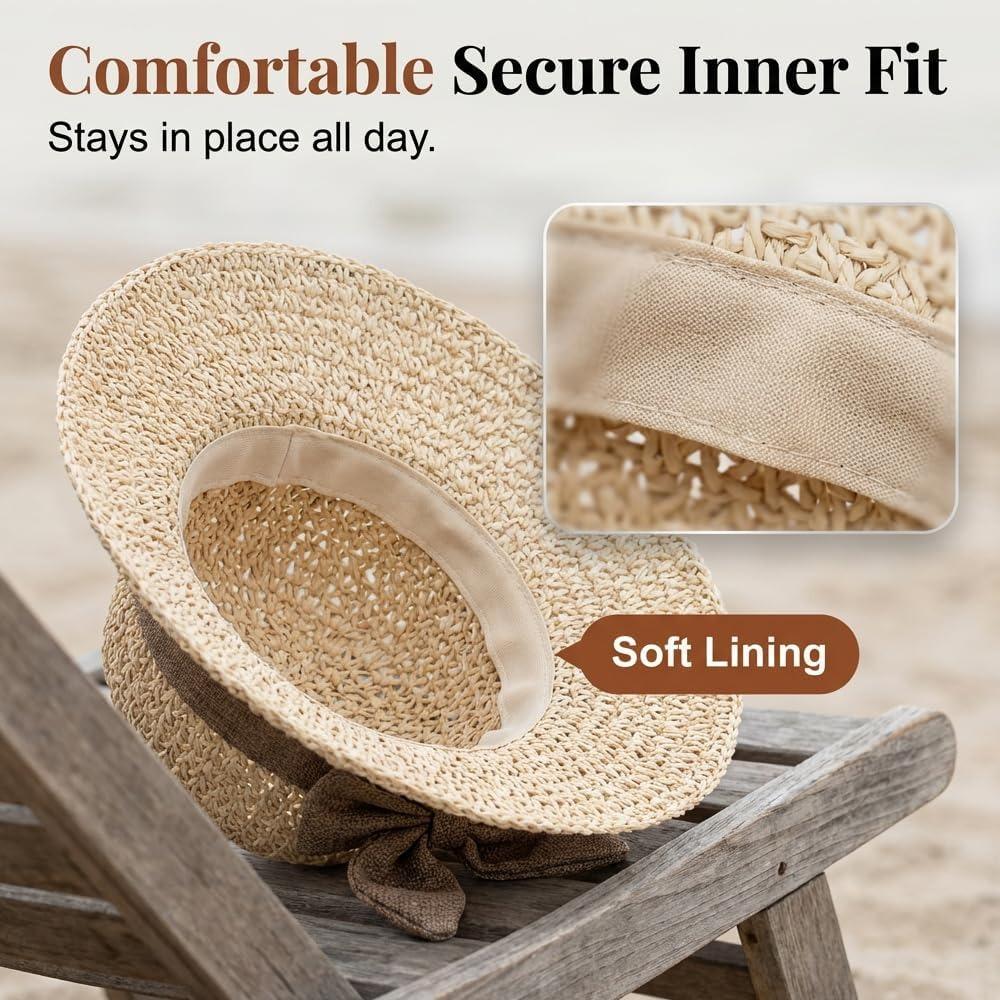 Elegant Woven Straw Sun Hat with Bow, 2026 Upgraded Womens Straw Hat, Summer Beach Sun Straw Hats, Breathable