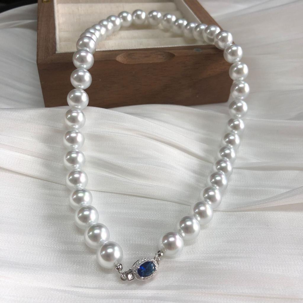 Round strong light artificial blue blood Australian white pearl necklace, cold with colored silver blue light collarbone chain