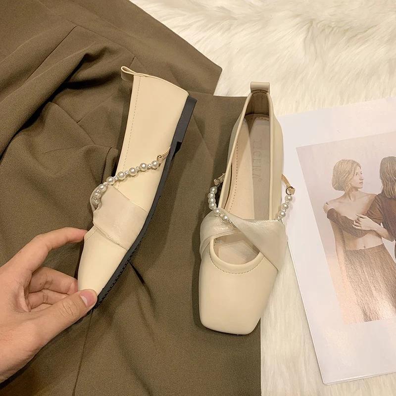 Fashion Early Spring Square Toe String Bead Plat for Woman Elegant Pu Leather Single Shoes Women Party Banquet Ballet Shoes Mujer
