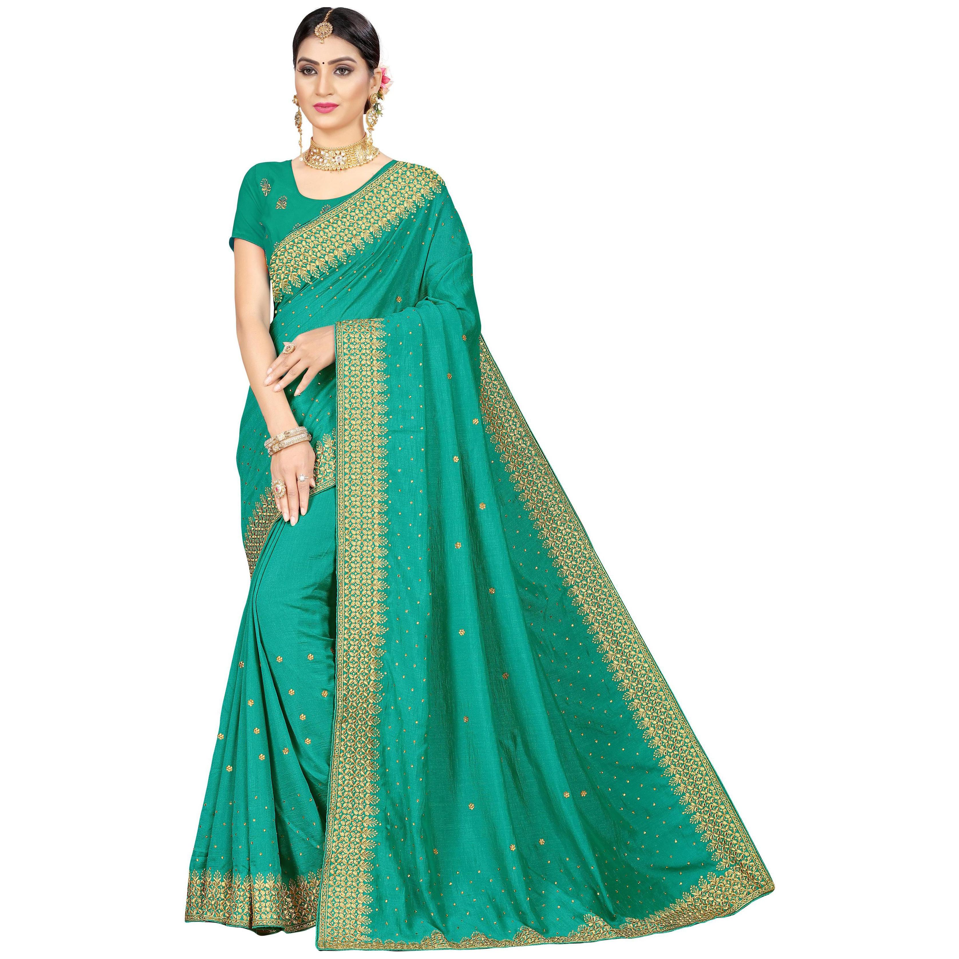 

Шелковое сари Vichitra Aqua Blue с привлекательной последовательностью и резьбой от Eva Creation