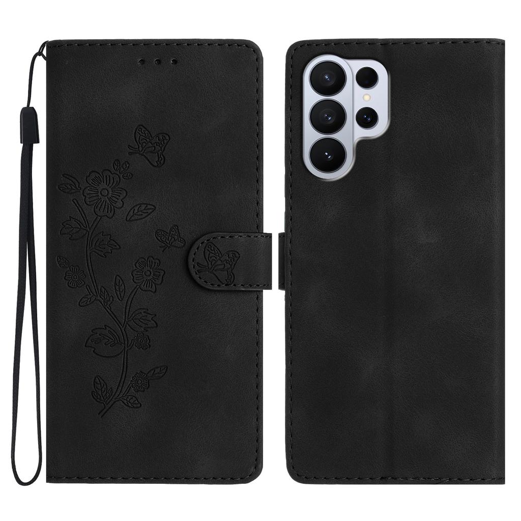 Leather Case For Samsung Galaxy S26 Ultra Imprinted Flower Phone Cover with Wrist Strap