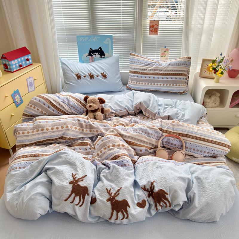 A-Class Mother & Baby 4-Piece Super Soft Puff Cotton Bedding Set: Duvet Cover & Fitted Sheet for Dorms