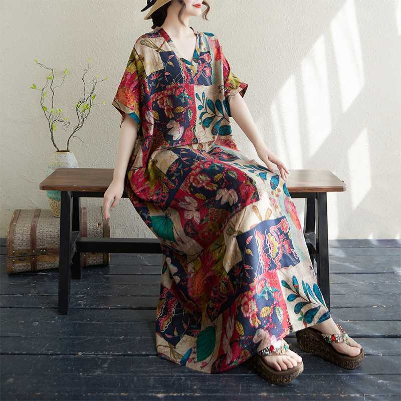 Women's Thin Cotton and Linen Loose Artistic Beach Skirt Retro Long Robe