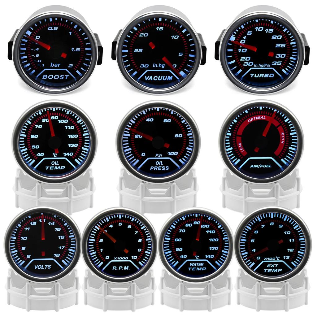 12V 52mm Racing Car Gauge 12V LED Smoke Len -1~0~2 BAR Turbo Boost Gauge Tachometer Water Temperature Meter Oil Pressure Gauge