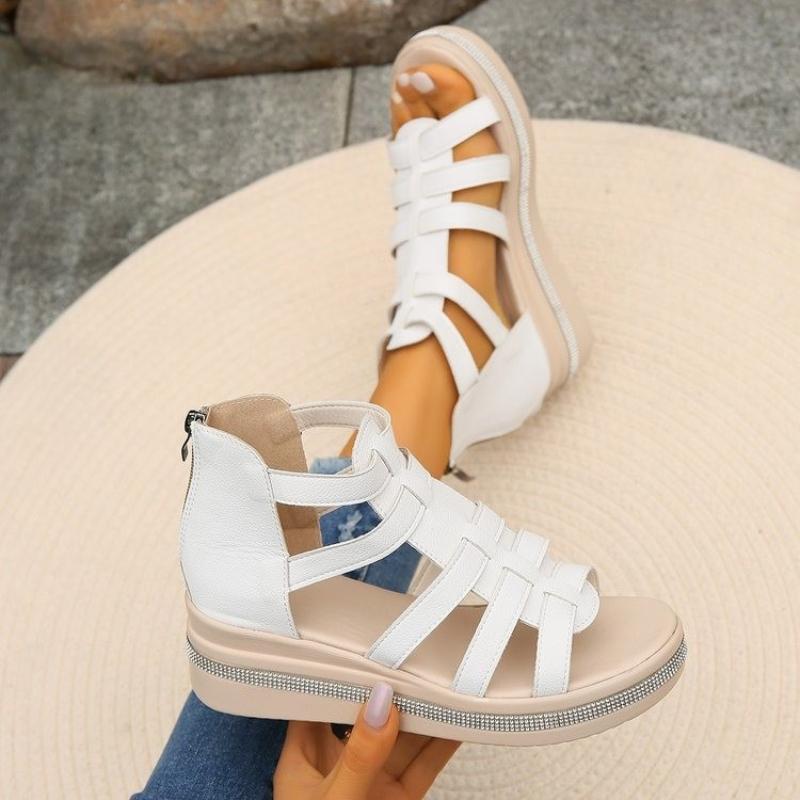 2024 Summer Women's Shoes Fashion Solid Color Multi Strap Combination Thick Bottom Zipper Water Diamond Design Cool Slippers