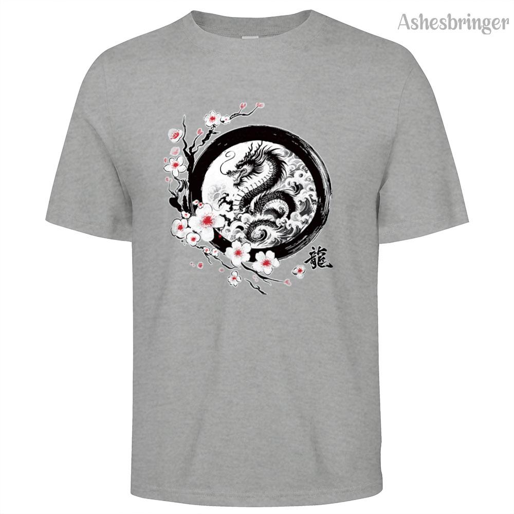 Mens Cotton Long Graphic Chinese Dragon T Shirt Street Casual Style Tee for Men and Women