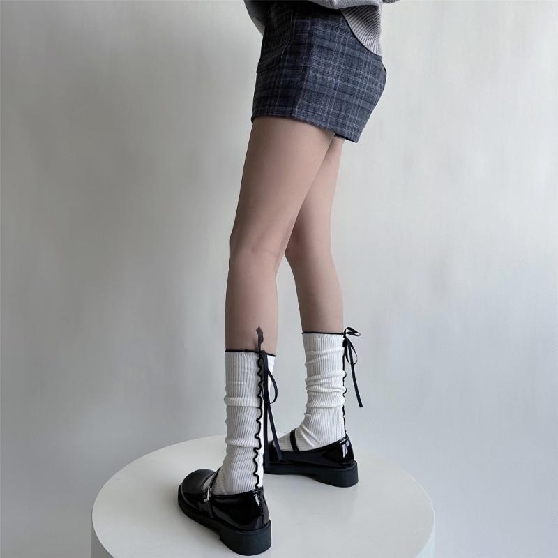 Japanese Style Fashion Middle Tube Calf Socks Women JK Girl Cute Bandage Bowknot Ruffke Trim Cotton Long Socks Stockings