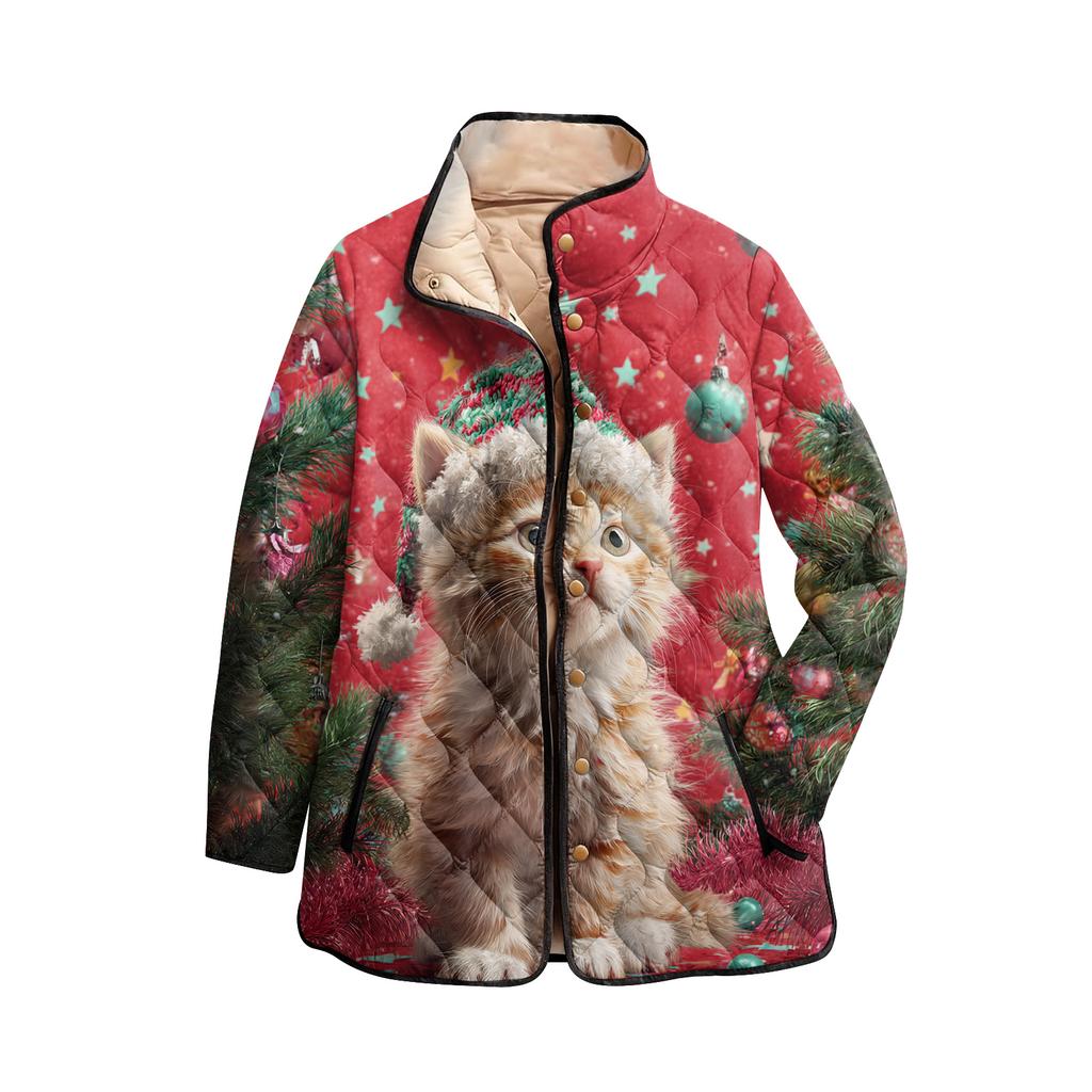 Dámský vánoční potisk s vysokým límcem polstrovaný bavlněný kabát s dlouhým rukávem a zapínáním na knoflíky