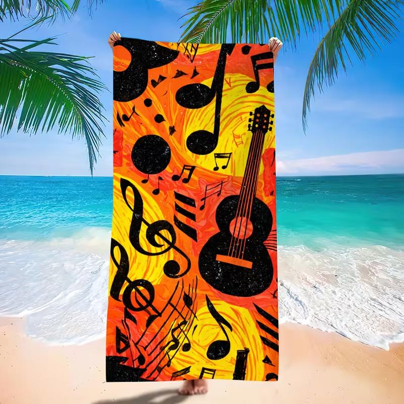 Vintage Orange Yellow Guitar Music Note Graffiti Print Beach Towel Sandproof Quick Dry Towel for Summer Beach Pool Party