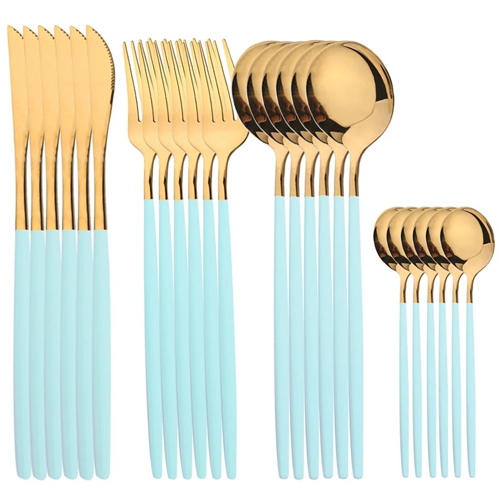 24Pcs Gold Tableware Sets Stainless Steel Cutlery Knife Tea Fork Coffee Spoon Flatware Dishwasher Safe Dinner Kitchen Dinnerware