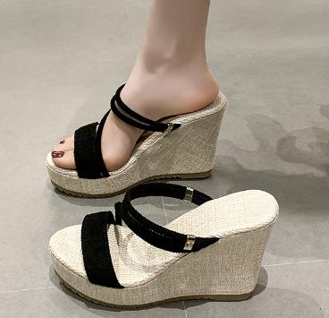 

Wedge heel slippers summer foreign trade large size two wear sandals women s muffin thick-soled thin strap open-toed Roman shoes 35 чёрный