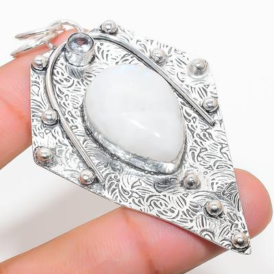 Natural Rainbow Moonstone, White Topaz 925 Sterling Silver Pendant 2.96" N3m29