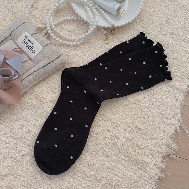 Thin Lace Socks - Children's Mid-length Socks with Wooden Ear Cuffs, Versatile with Bold Patterns, Long and Piled-up High Socks