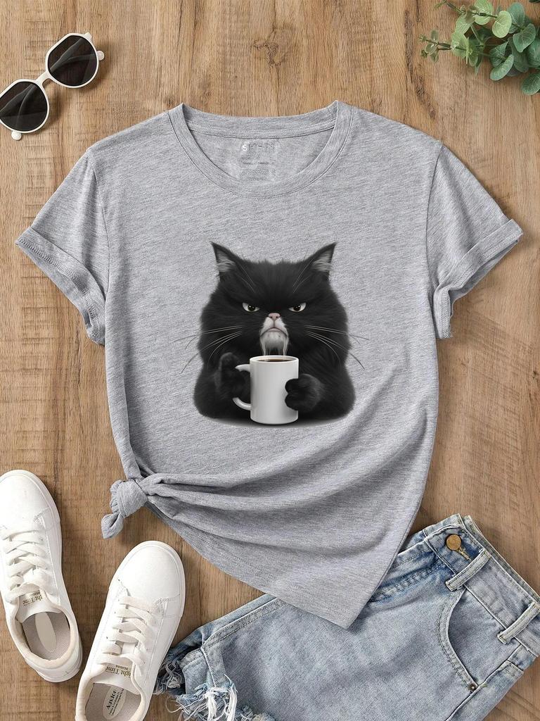 Cute Coffee Drinking Cat Women T Shirt Summer Fashion Short Sleeved T-shirt Tee Tops O-neck Casual Tshirt Women's Clothing