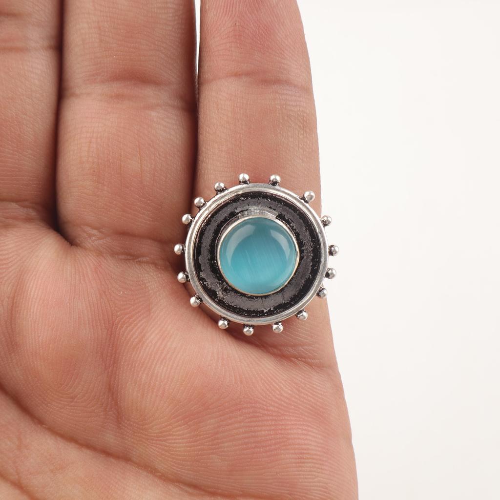 Blue Cat's Eye Gemstone Ring, 925 Sterling Silver Ring Jewelry, Handmade Jewelry Ring, Balancing Jewelry Gift For Women