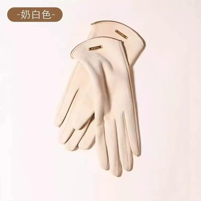 Womens Winter Touchscreen Gloves Faux Suede Fingerless Warm Windproof Driving Cold Weather Outdoor Use Suede Texture Iron Tag Beige