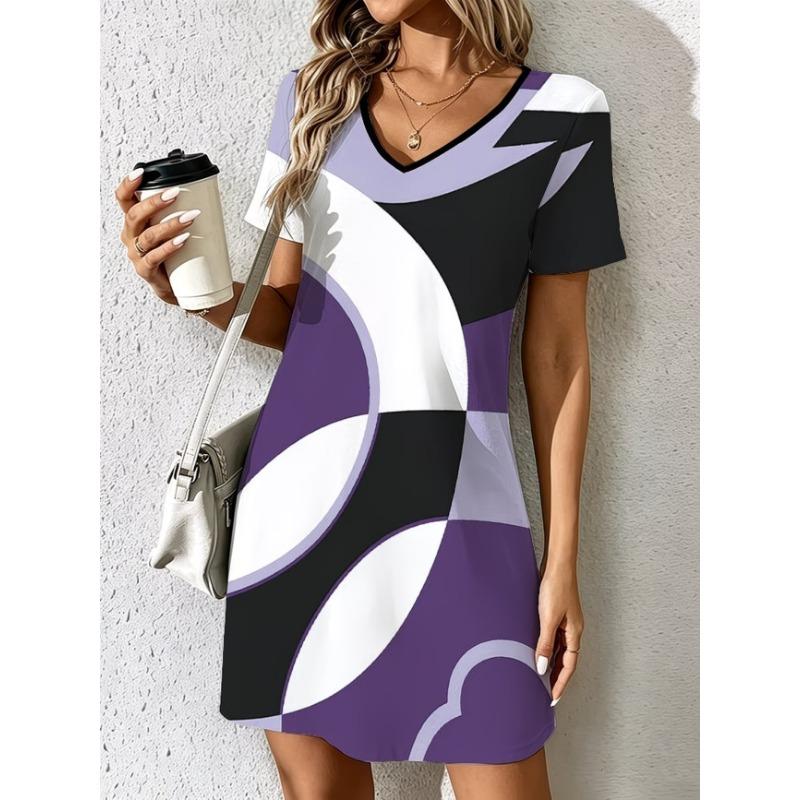Fashionable Women's Summer Dress Colorful Geometric Plaid Print V-Neck Short Sleeve Casual Dress