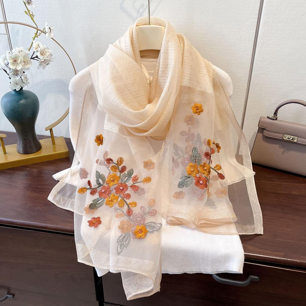 Spring Thin Exterior Shawl Dual-purpose Silk Wool Embroidered Scarf for Women's Gifts with High-end Light Luxury Mulberry Silk Scarf