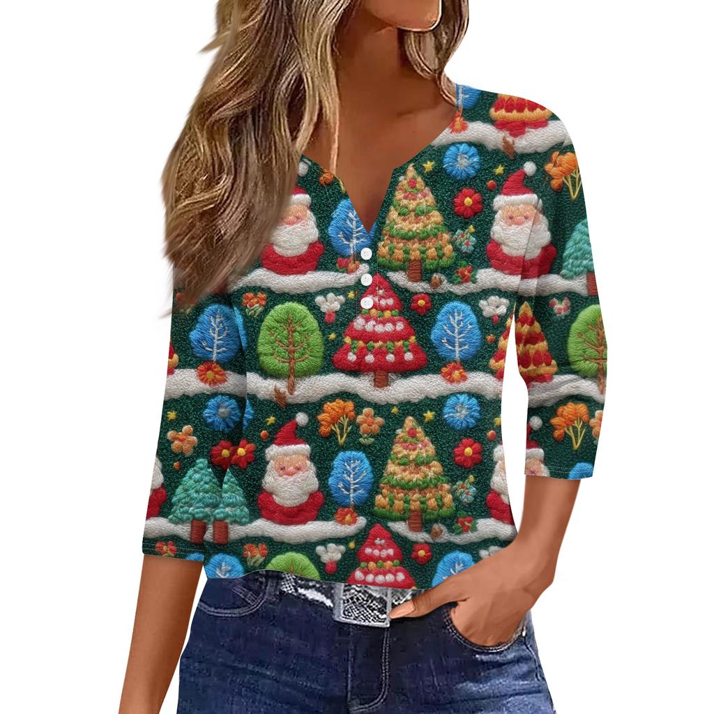 Damenmode Lässig Halloween Bedruckt V-Ausschnitt Kurzarm Zierknopf Dreiviertelarm T-Shirt Top