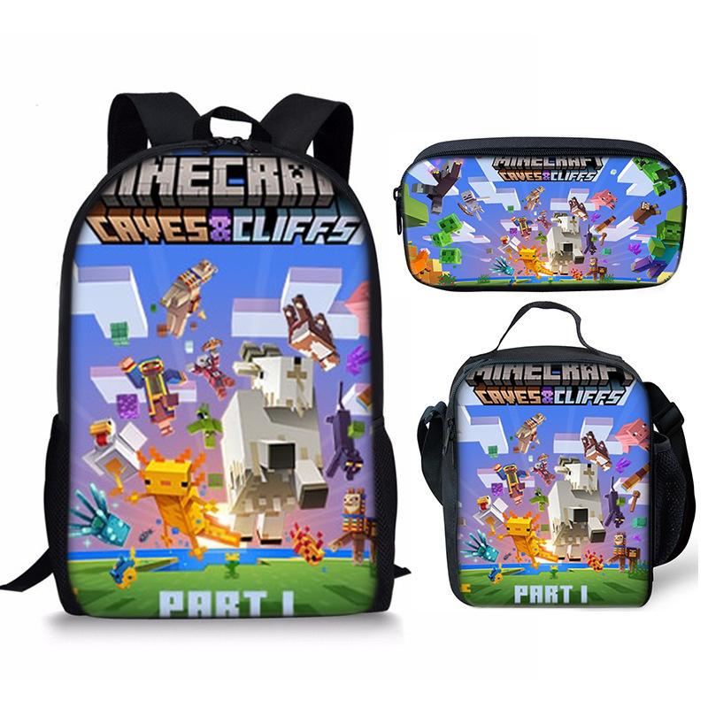Minecraft Cartoon Print Backpack Set 3-Piece Student School Bag Water-Resistant Large Capacity Unisex