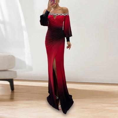 Vestido de Noche para Mujer Hombros Descubiertos Hueco Pedrería Vestido de Boda Ajustado Plisado Baile de Graduación