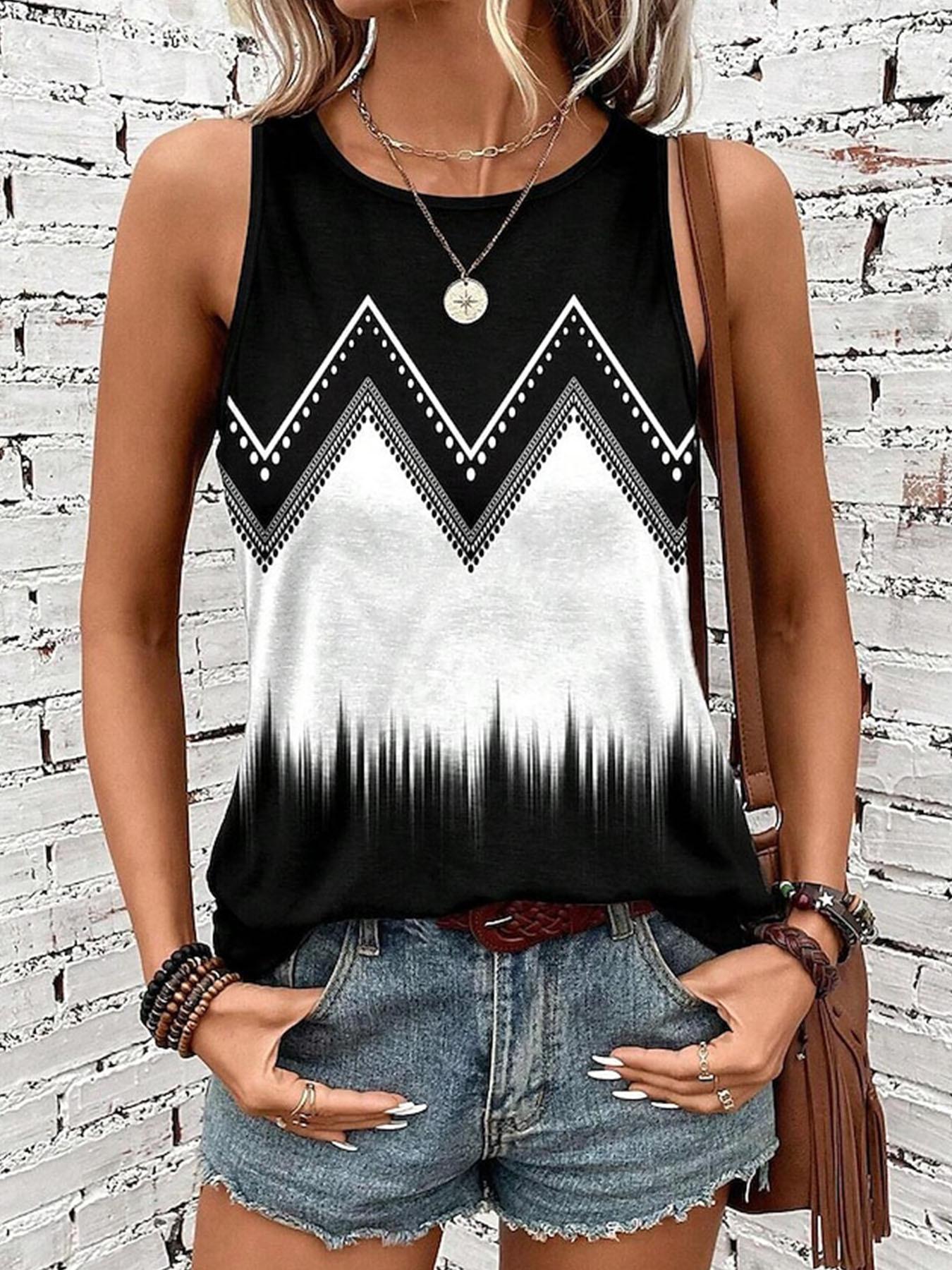Women Summer Sleeveless Printed Round Neck Casual Tank Top S