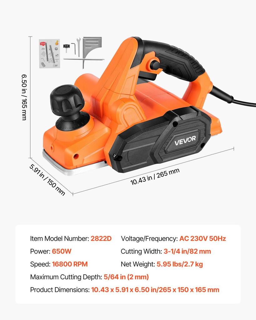 Electric Hand Planer, 82 mm Cut Width, 650W 16800 RPM Corded Power Handheld Planer for Wood, with Adjustable Cut Depth, 2 Blades, for Woodworking Wood