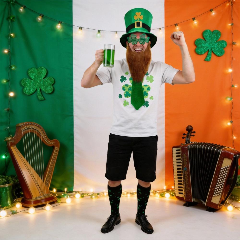 4pcs Leprechaun Green Hat with Beard Costume Accessory St. Patrick's Day Party Costume Suit Hat Bow Tie Beard Socks Accessory