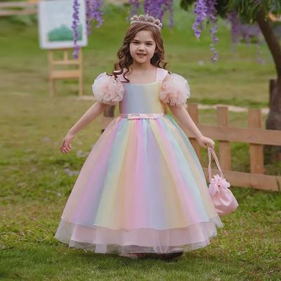 Girls Rainbow Gradient Mesh Princess Flower Party Dress