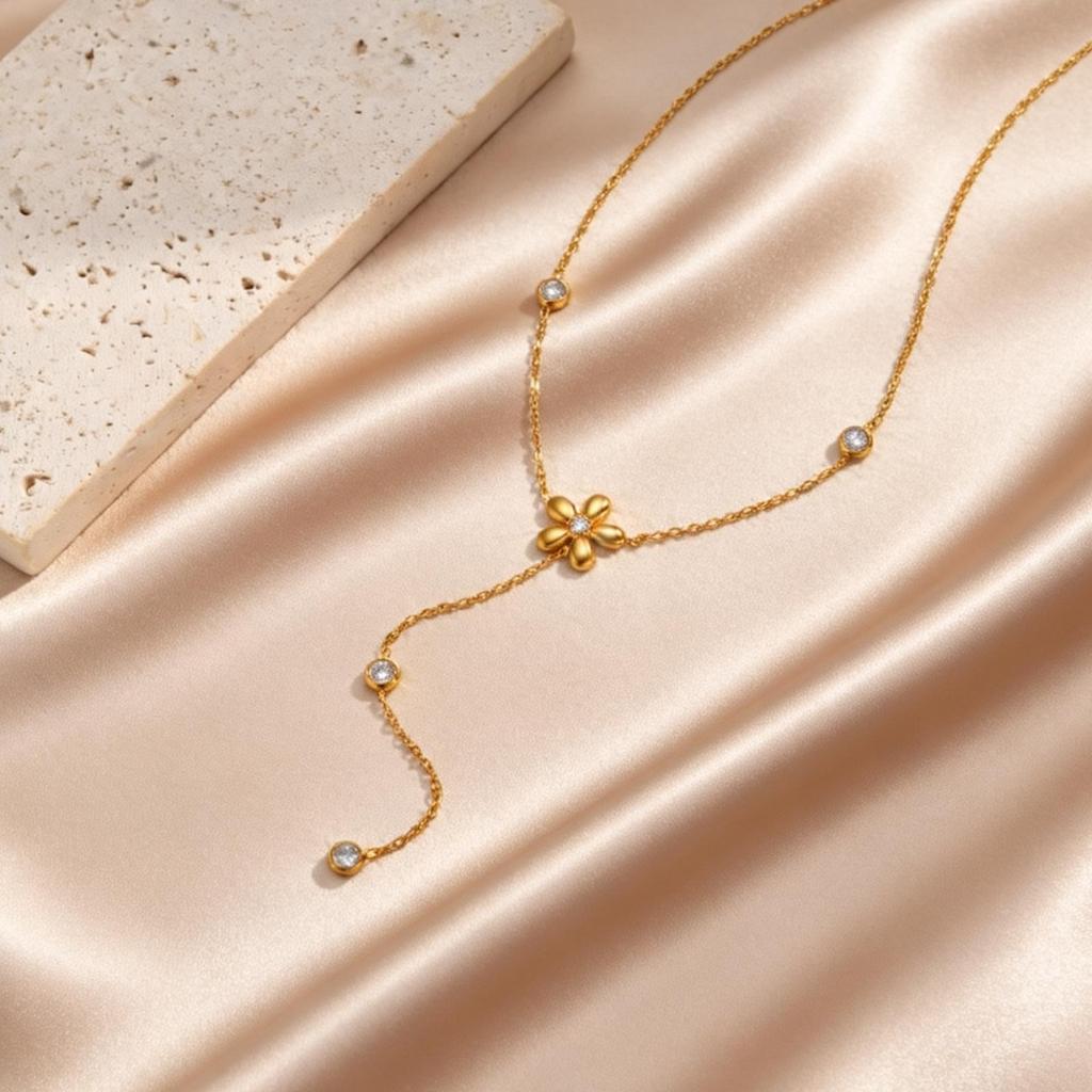 Elegant Y-Shaped Pendant Stainless Steel Necklace for Women Fashion Flower Long Tassel Choker Necklace Luxury Jewelry Party Gift