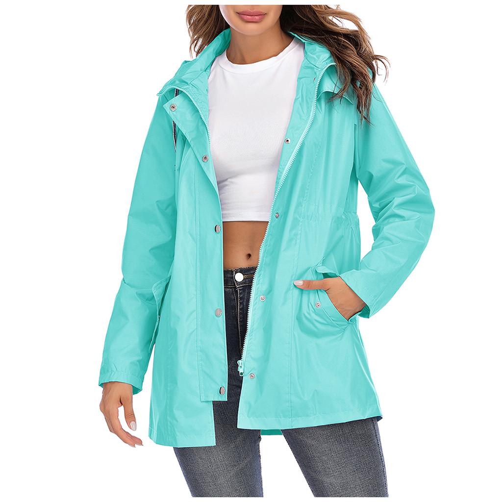 Women Hooded Waterproof Zipper Mid-length Windproof Waterproof Raincoat Jacket