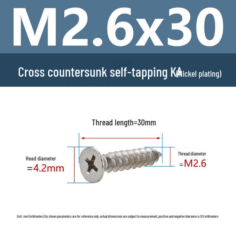 YiguYigu Nickel-Plated Phillips Flat Head Self-Tapping Screws M1-M5, Carbon Steel