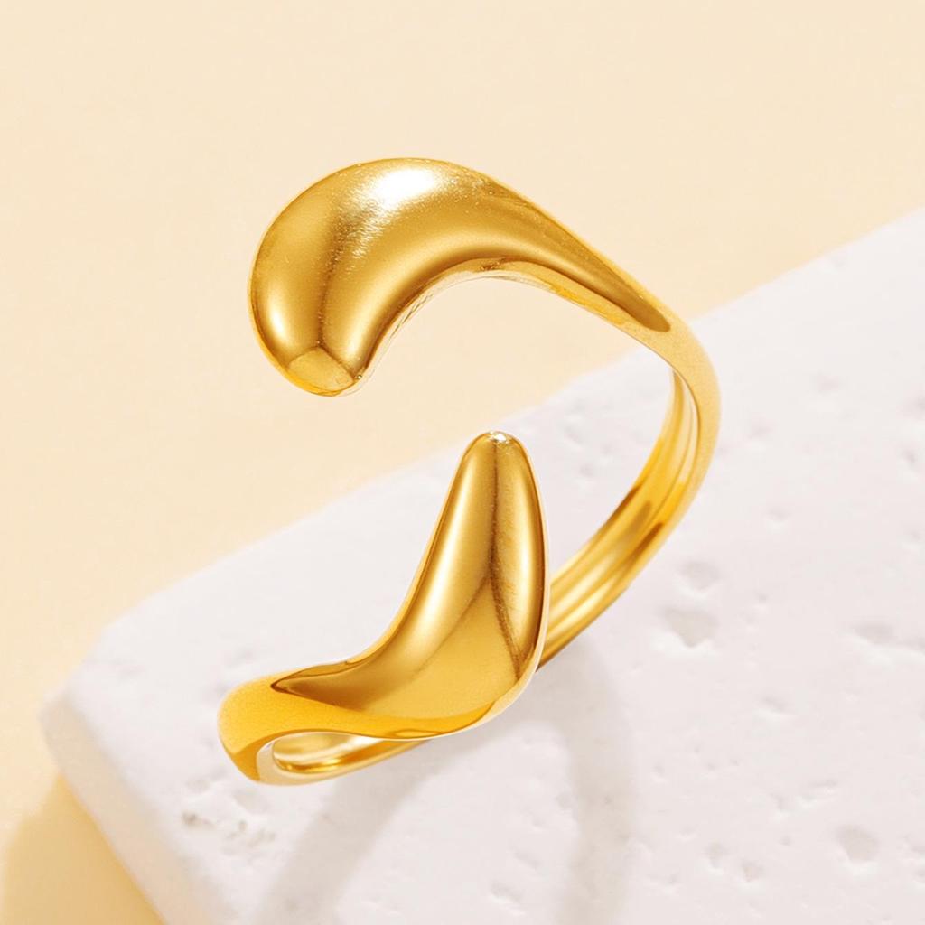 Glossy Geometric Water Drop Open Ring - European & American Chic Style Stainless Steel Women's Ring
