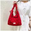 Red Floral Canvas Shoulder Bag Adjustable Ruffled Strap Large Capacity For Commute Shopping Travel